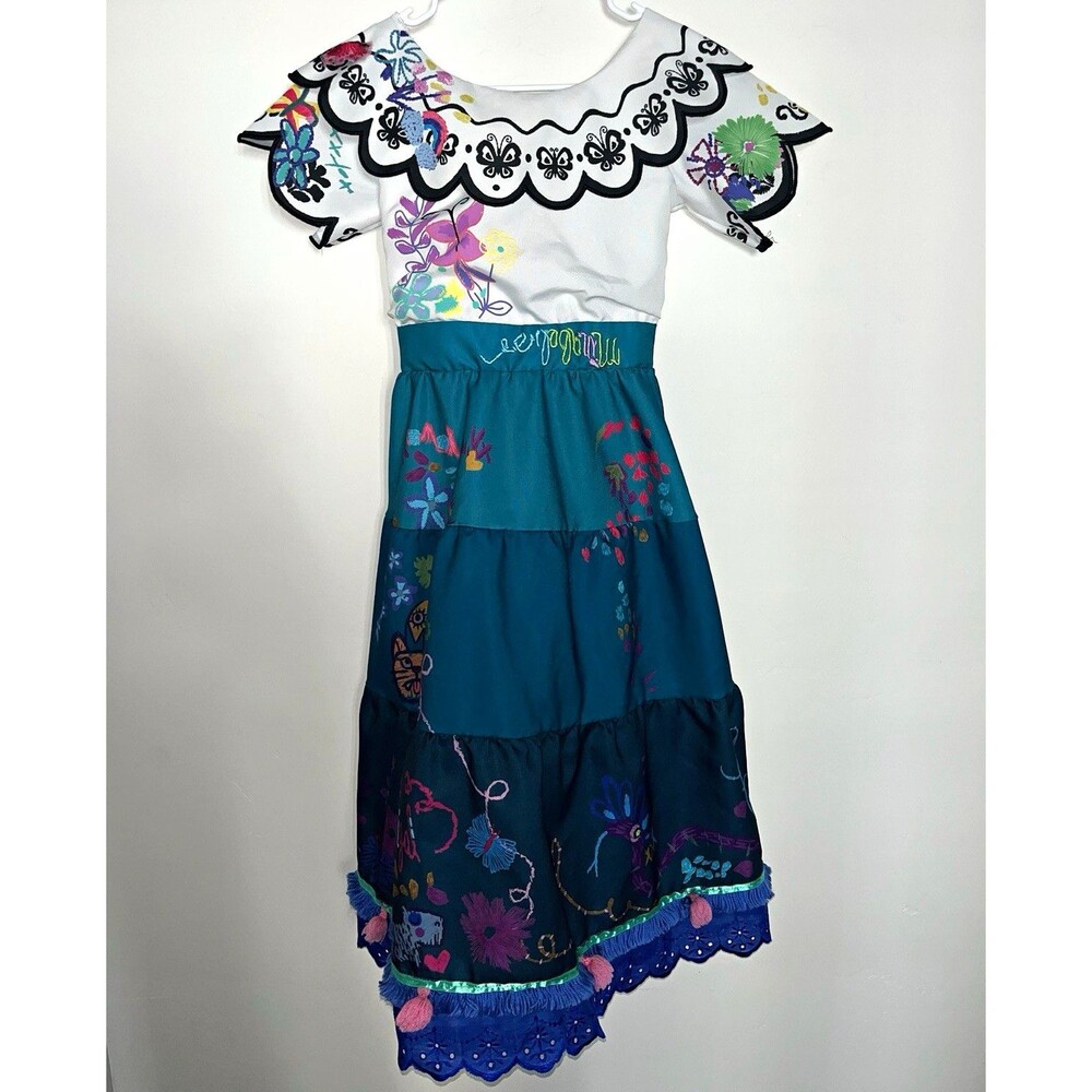 Disney Encanto Girls Costume Dress Size 9/10 White Teal Floral Multicolor